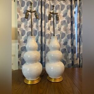 Pair MCM John Thompson Large Ceramic Triple Gourd Vase Table Lamps EUC In Pearl